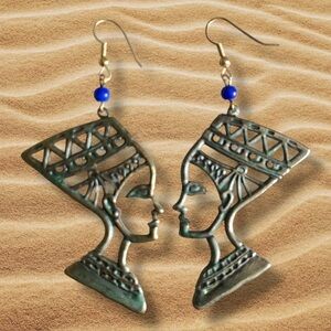 Vintage Nefertiti Earrings Egyptian Queen Blue Glass Bead